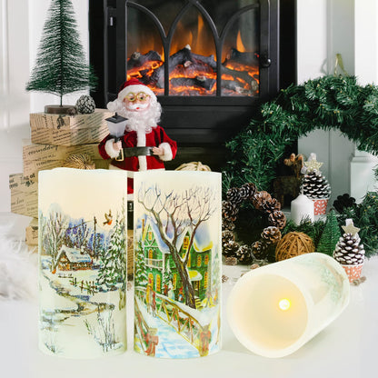 Darnassus Christmas Flameless Candles Real Wax LED Candles Decor Battery Operated with Timer and Green Christmas Tree Decal,Set of 3,Warm Light