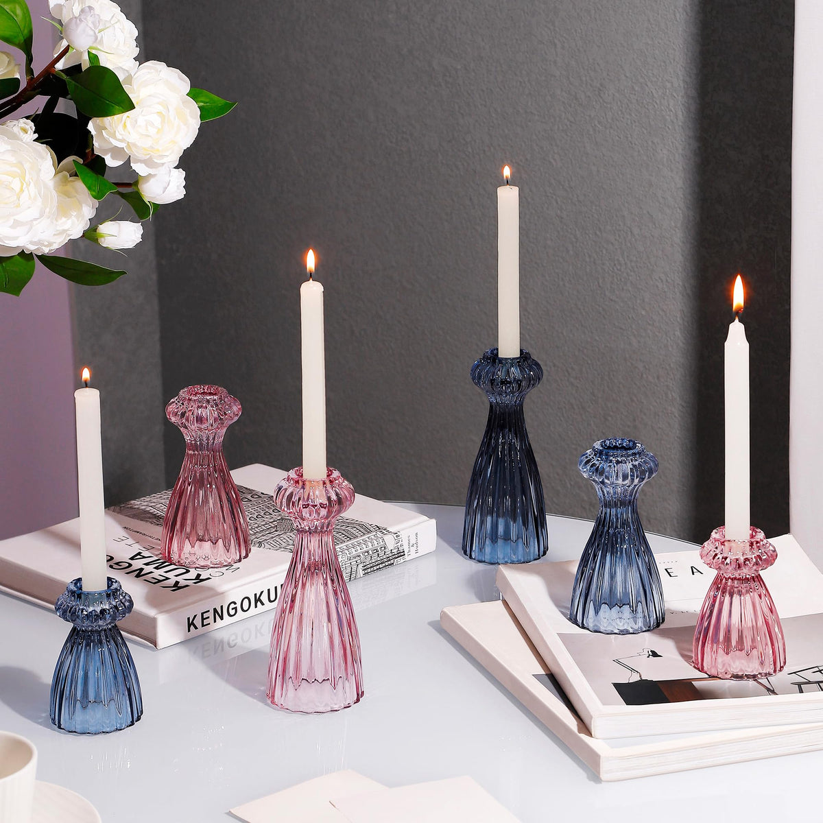 Lysenn Glass Candle Stick Holder Set of 3 – Premium Taper Candle Holders for Romantic Ambiance - Candle Sticks Holder Decor for Special Occasions - Dark Blue
