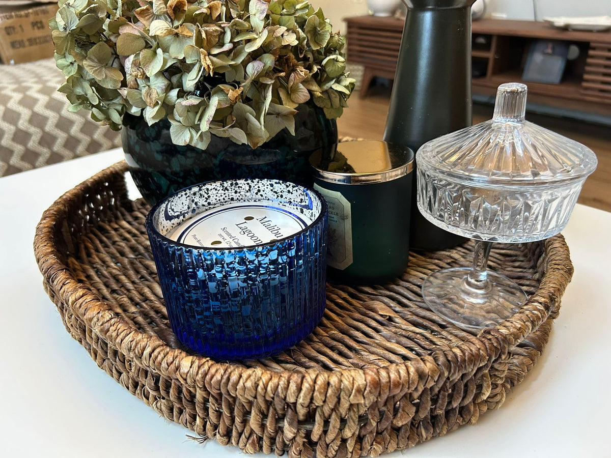 Ocean Breeze Scented Candle, 12 oz Triple Wick Candle in Blue Mercury Glass Jar, Lemon Blossom & Sea Salt Fragrance, Coastal Beach Home Decor, Reusable Decorative Jar (Blue, Malibu Lagoon)