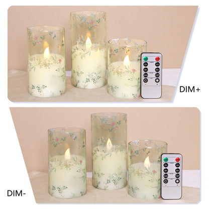 FLAVCHARM Glass Flameless Candles Flickering Battery Operated LED Pillar Candles Set of 3 with Timer and and 10-Key Remote Green Branch Floral Spring Summer Theme for Wedding Festival Home Decoration