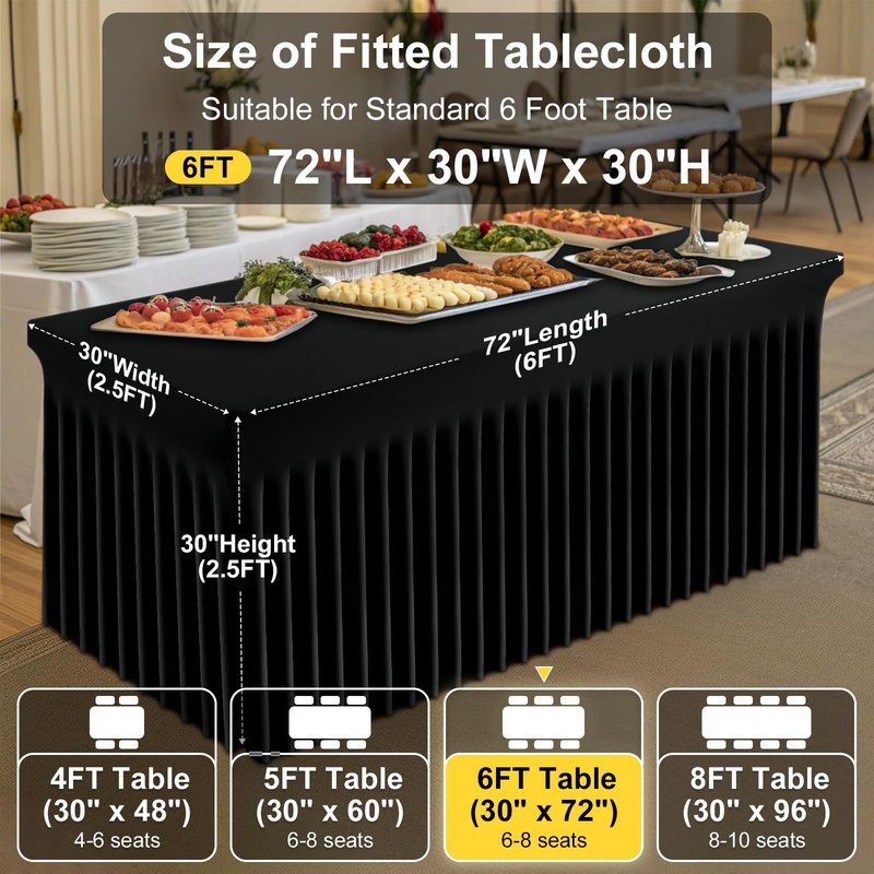 Smiry 2 Pack Spandex Open Back Tablecloth,Elastic Fitted Stretch Tablecloth for 6FT Rectangle Tables,Waterproof Washable Table Cover Skirt for Wedding, Banquet & Parties (Black, 72Lx30Wx30H Inch)