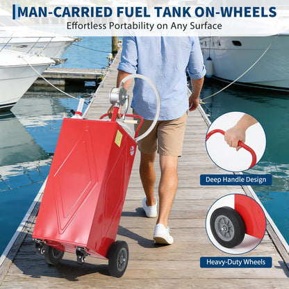 30 Gallon Portable Fuel Caddy with Manual Pump, Heavy Duty Mobile Fuel Transfer Tank On 4 Wheels, Gasoline & Diesel Storage Container for Trucks, Boats, ATVs, Lawn Mowers, Farm Equipment - Red