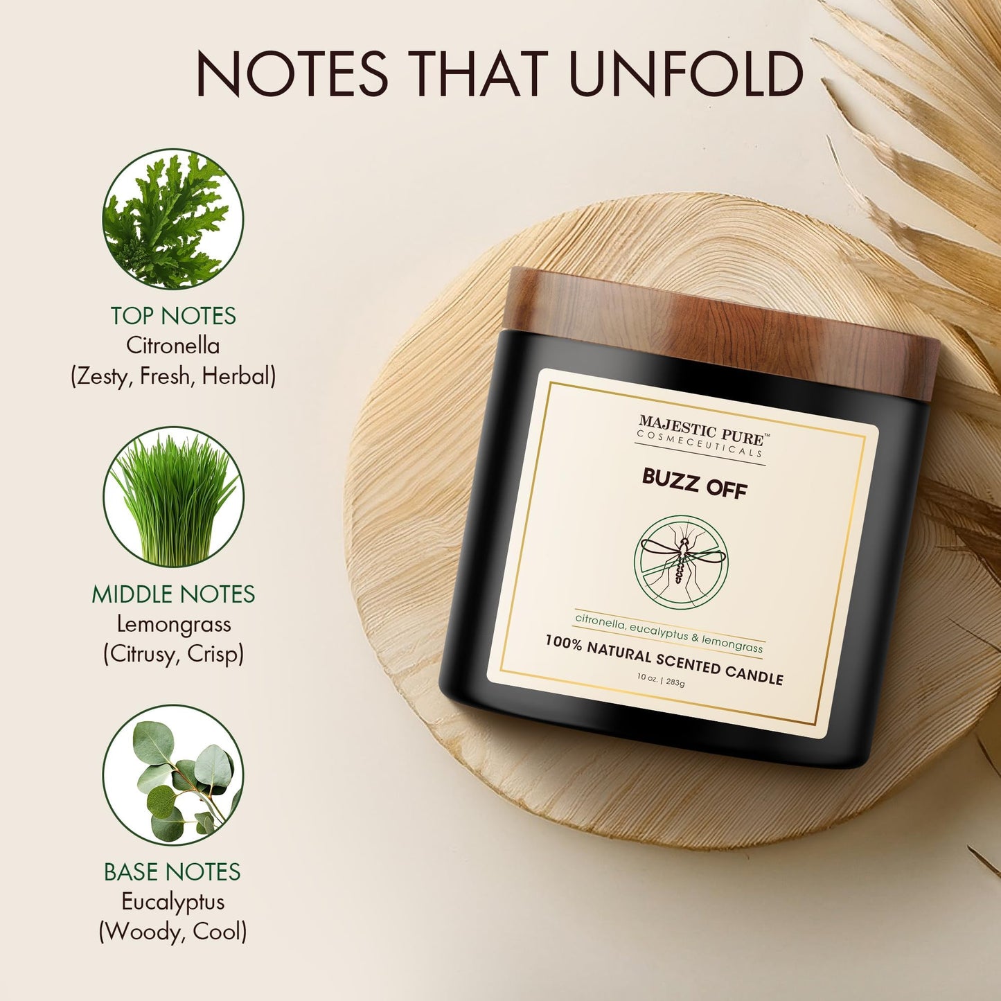 Majestic Pure Citronella Eucalyptus Lemongrass Scented Candle with Upto 45+ Hrs Burn Time, 2-Wick Candle, Soy Wax Blend for Cleaner Burn, 10 oz Jar Candle with Room Filling Fragrance, Buzz