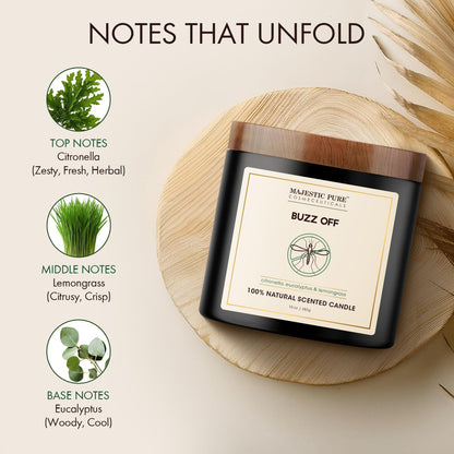 Majestic Pure Citronella Eucalyptus Lemongrass Scented Candle with Upto 45+ Hrs Burn Time, 2-Wick Candle, Soy Wax Blend for Cleaner Burn, 10 oz Jar Candle with Room Filling Fragrance, Buzz