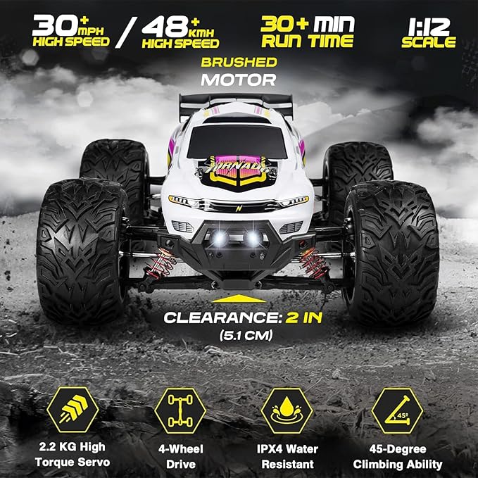 4x4 RC Cars for Adults 48kmh High-Speed - 1:12 Scale Large Waterproof Remote Control Truck Offroad Electric Monster Car 2 Batteries 30+ Min Play All Terrain