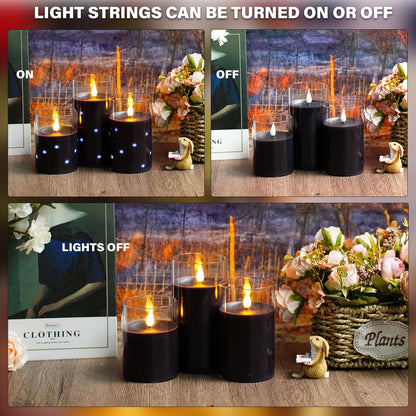 Nimiko Real Wax Flameless Candles Glass,Battery Operated LED Candles with Flickering Flame,Glass Shell,Interior Star Light Decoration Set of 3 Black (D3×H 4" 5" 6") for Home Decor,Holiday Decoration