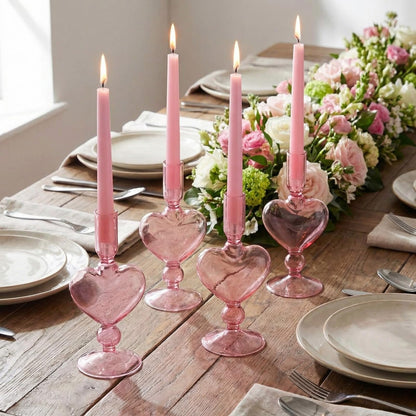 Teecyhooo 4pcs Valentine's Day Candle Holder 7" Heart Glass Taper Candlestick Holder Valentines Heart Candle Stick Vase Decor for Wedding Party Table Centerpiece(Pink)