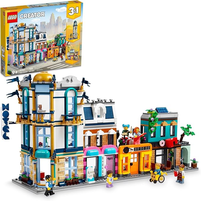 LEGO Creator Main Street 31141 Building Toy Set 3 in 1 Features a Toy City Art Deco Building Market Street Hotel Café Music Store and 6 Minifigures Endless Play Possibilities for Boys and Girls