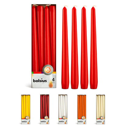BOLSIUS Red Taper Candles - 4 Pack Unscented 10 Inch Dinner Candle Set - 8 Hours Burn Time - Premium European Quality - Smokeless and Dripless Household, Wedding, Party, and Home Decor Candlesticks