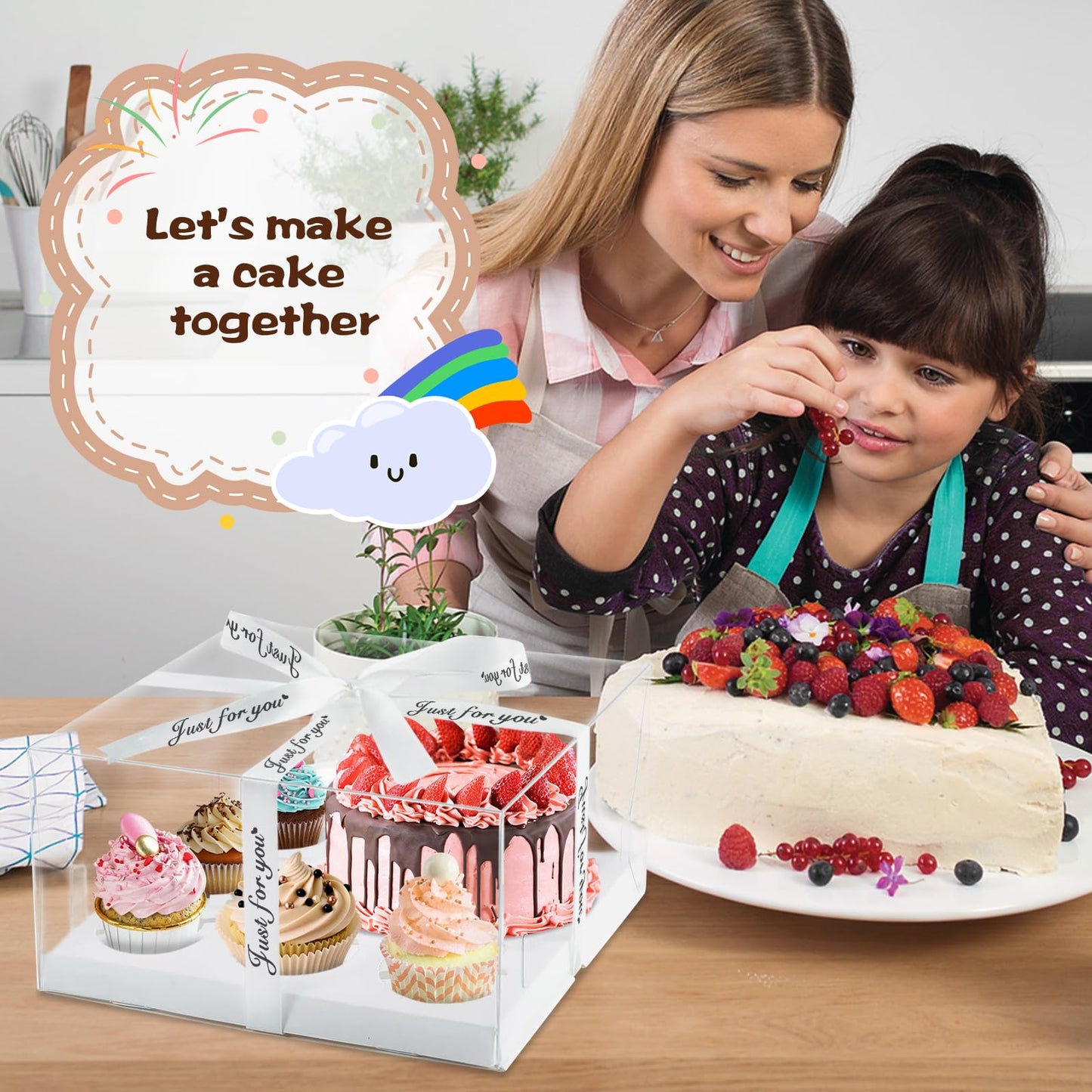 LLOERE 3 Pack Bento Cake and Cupcakes Box with Gift Ribbon, Clear Window 1+5 Combination Bento Boxes, 6 Holes Fit 5 Cupcake Containers and 1 Mini Cake(4-5in) for Birthday Party Baking Supplies