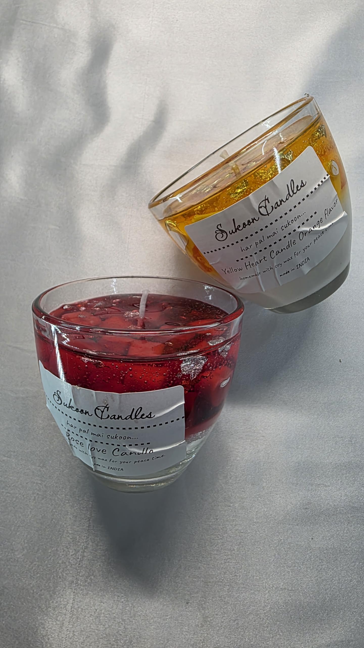 Sukoon Candles Rose Love and Yellow Heart Gel Candle Set of 2 Glass Jar Red Orange Scented Handmade Gel Wax Aromatherapy Candle Long Lasting Smokeless Decorative Gift Home Decor Romantic