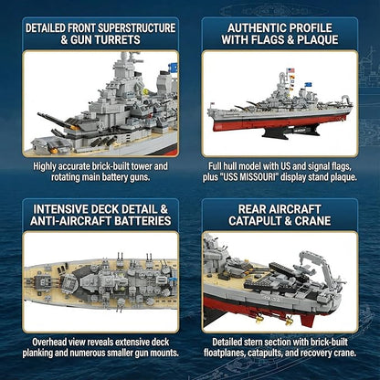 USS Missouri Battleship Building Blocks Set - Iowa-Class Warship Model 2228 Pieces 14+ Adult/Teen Building Toy 83cm Large Scale Replica with Display Stand for Collection &amp Decoration