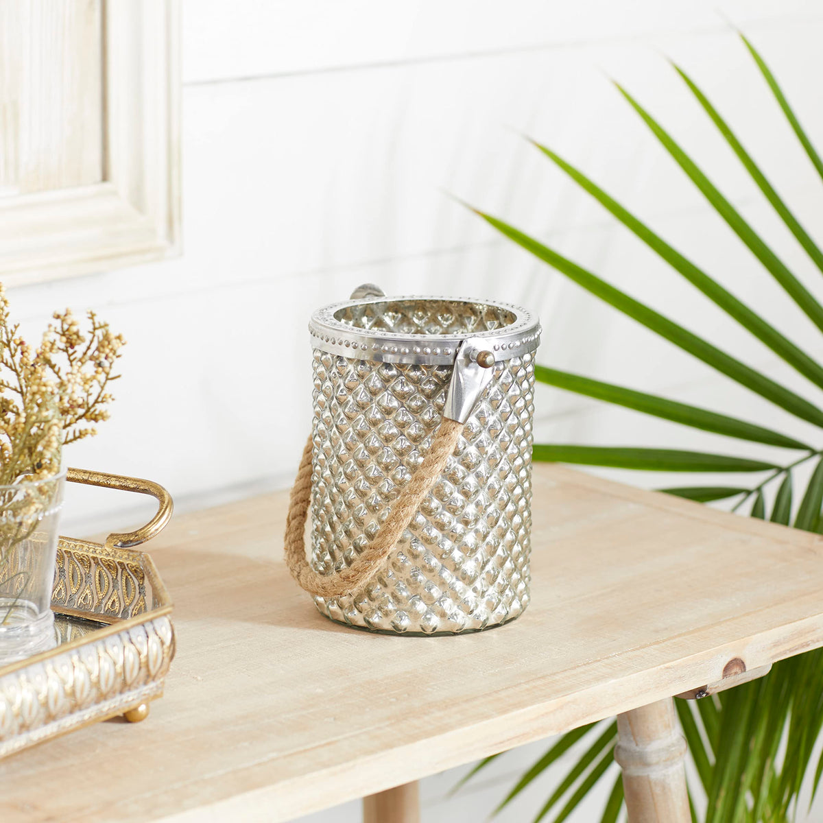 Deco 79 Glass Handmade Indoor Outdoor Candle Lantern Decorative Lantern Candle Holder with Rope Handle, Lantern 5" x 5" x 13", Silver