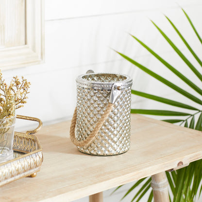 Deco 79 Glass Handmade Indoor Outdoor Candle Lantern Decorative Lantern Candle Holder with Rope Handle, Lantern 5" x 5" x 13", Silver