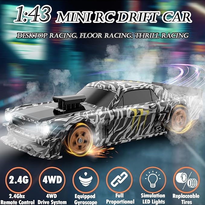 1/43 Mini RC Drift Car with Gyroscope 2.4GHz 4WD Full Proportional High Speed Micro Hobby RC Cars with Lights Racing Tires Fast Small Remote Control Car Toy Model Gift for Adults Kids Boys Girls