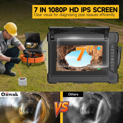 Oiiwak Sewer Camera 100ft, Drain Pipe Inspection Camera with 7" IPS HD Screen, DVR & Audio Recorder Industrial Borescope Camera for Plumbing Drain Pipe Inspection, IP68 Waterproof, 32GB Card, 12 LEDs