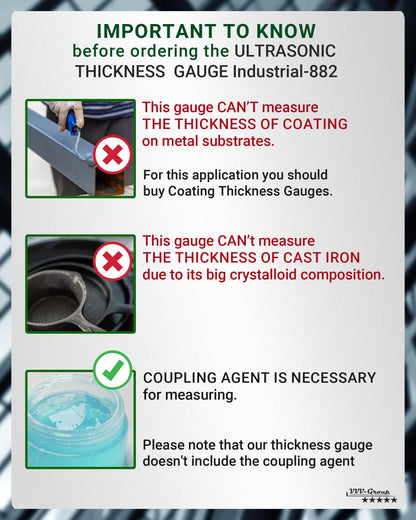 Ultrasonic Thickness Gauge Industrial-882 – Metal Thickness Tester for Steel, Pipes and Industrial Materials, 0.039–8.858 in (1–225 mm) Range, Color LCD, Auto Calibration, Handheld Thickness Tester