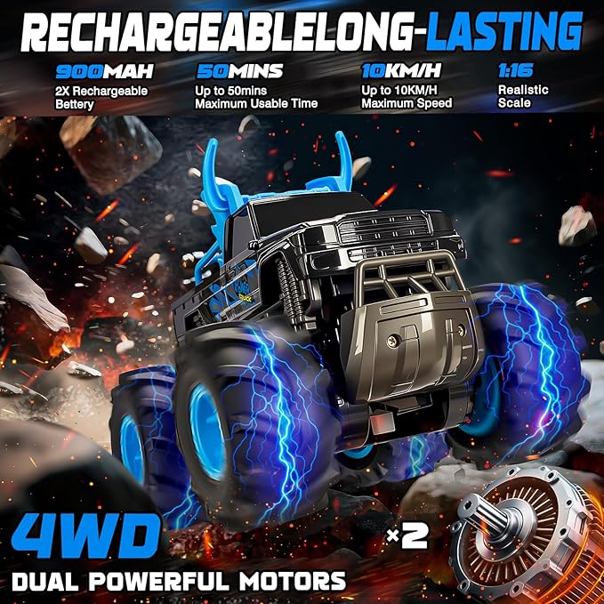 BainGesk Waterproof Remote Control Monster Truck Toys 1:16 RC Car 2.4GHz 4WD All Terrain Car Toys with 2 Rechargeable Batteries Off-Road Truck Gifts for 6 7 8 9 10 11 12 Year Old Boys
