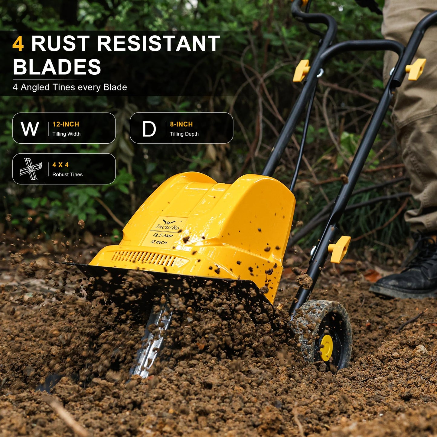 IncwBo Electric Tiller/Cultivator 4 Steel Tines, 8'' Tilling Depth Garden Roto Tillers for Gardening, 13.5 Amp 12 Inch Corded Rototiller with Adjustable Wheels, Yellow