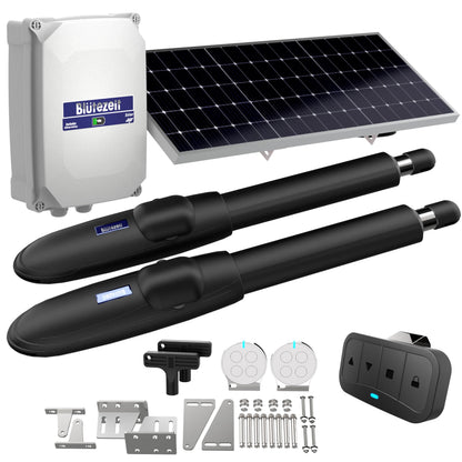 Blütezeit MS650 Solar Dual-Arm Swing Gate Opener + Visor Clip Remote – 1760 lb Operator with 24V Battery, 25W Solar Panel & Car-Mount Remote