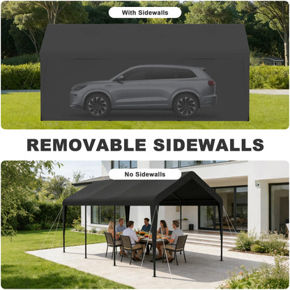 Carport 10 x 20 FT Heavy Duty, Portable Garage Canopy, Waterproof Car Canopy with Side-Opening Removable Door, Carport Canopy for Car, Truck, Boat, Equipment (Black)