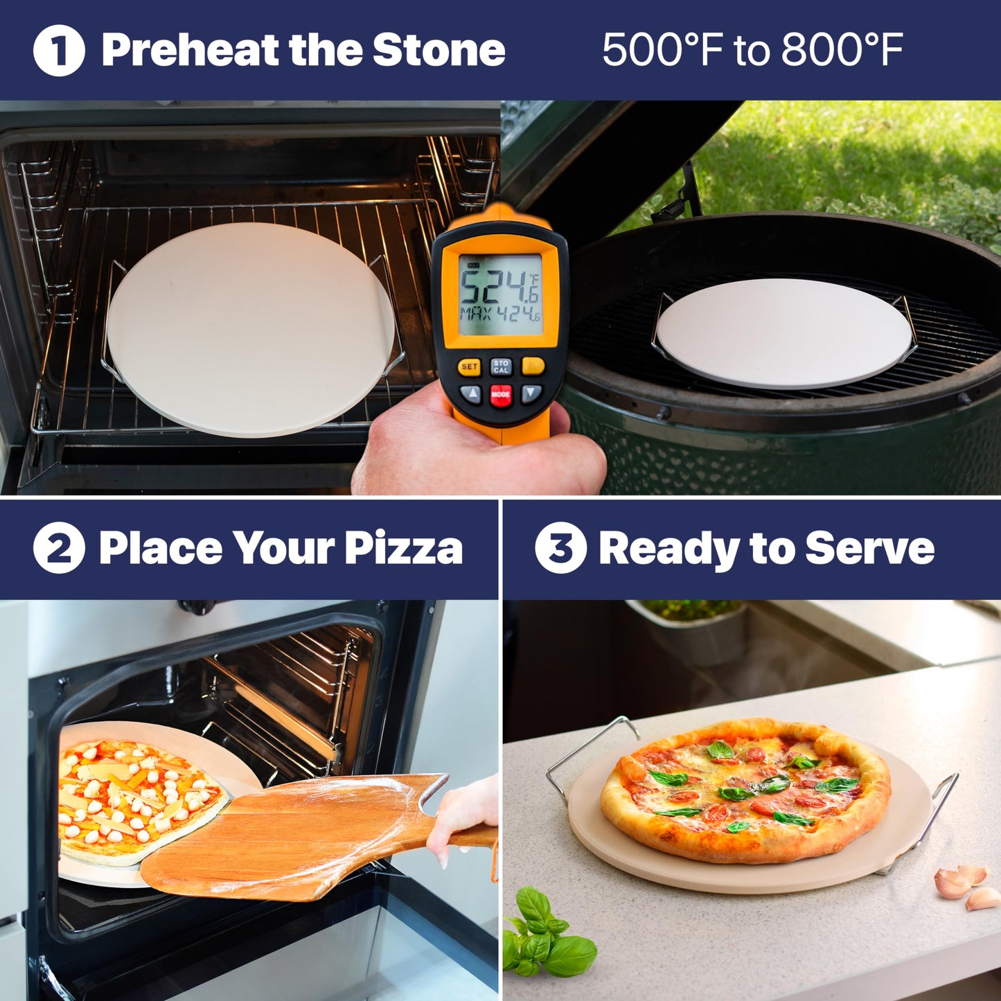 KitchenStar Pizza Cutter Rocker Blade 18" Black + Wooden Pizza Peel 16" + Pizza Stone for Oven and Grill 16" with Handles - Pizza Making Bundle