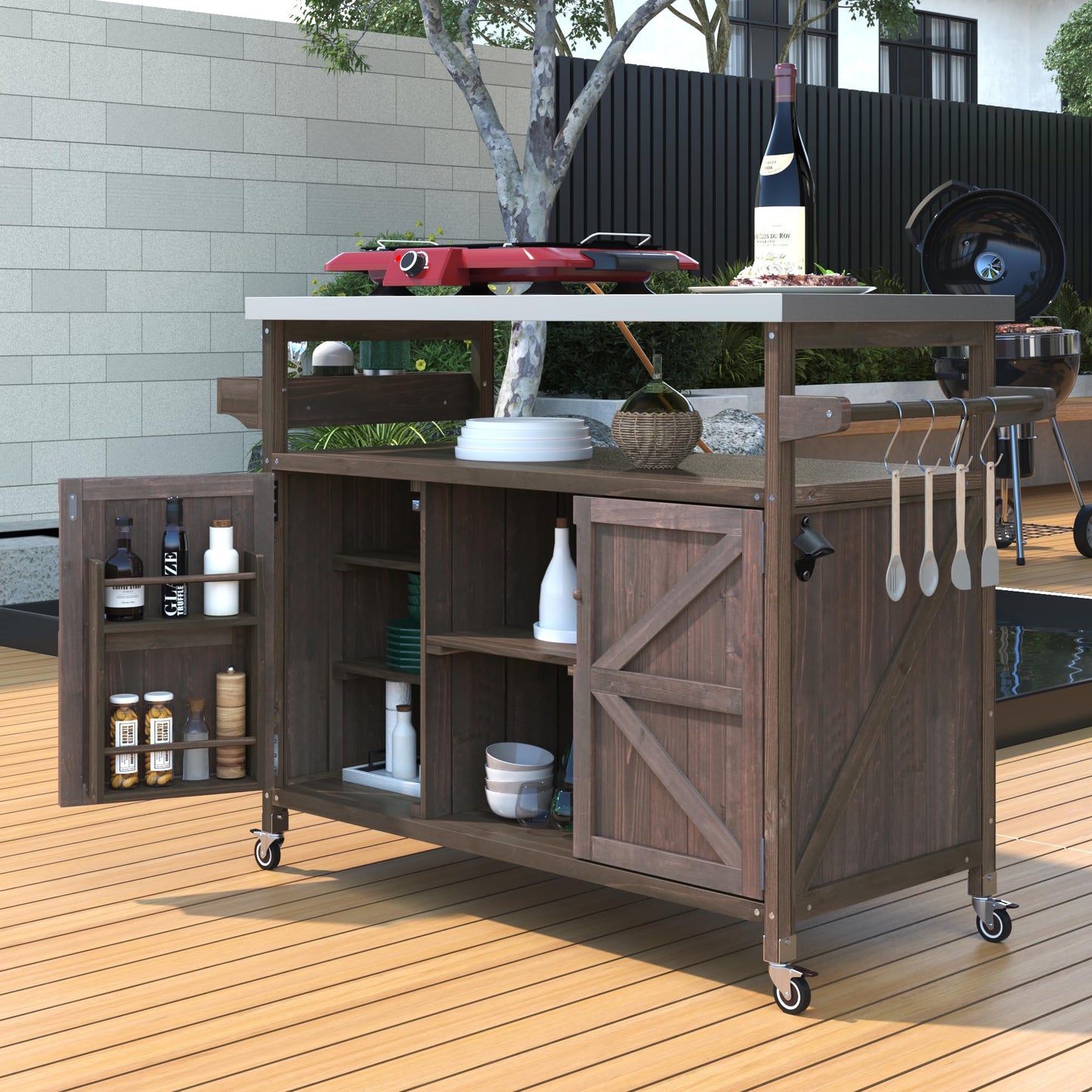 EOAWE Outdoor Grill Cart with Storage, Rolling Bar Cart and Lockable Wheels, Farmhouse Solid Wood Outdoor Grill Table with Stainless Steel Top, Spice Rack, Towel Rack for Kitchen and BBQ, Dark Brown