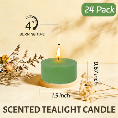 Sage Sea Salt Scented Tea Light Candles 24 Pack Sage Green Hand Poured Smokeless 4 Hours Clean Burning Small Round Clear Cups Tealight Candles for Romantic Dinners Wedding Centerpieces Cozy Evenings
