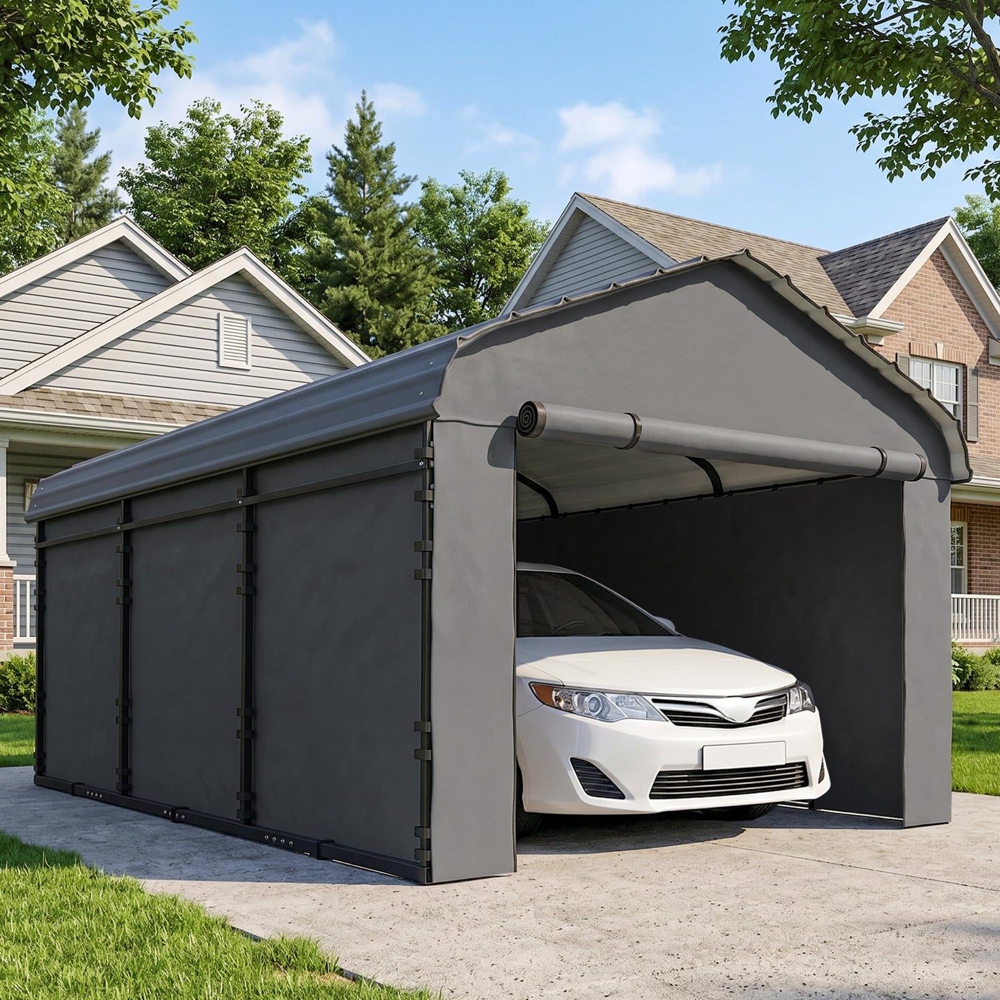 Outsunny 10' x 15' Heavy Duty Metal Carport, Waterproof Garage Car Canopy Shelter with Galvanized Metal Roof and Removable Sidewalls for Cars, Boats, Tractors, Dark Gray