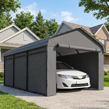 Outsunny 10' x 15' Heavy Duty Metal Carport, Waterproof Garage Car Canopy Shelter with Galvanized Metal Roof and Removable Sidewalls for Cars, Boats, Tractors, Dark Gray
