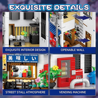 Reobrix Japanese Ramen Shop Building Blocks 66501 2 in 1 Creative Street View House Building Kit with Light Japanese Architecture Home Office Decor Ideal Gifts for Boys Girls Adults 14+
