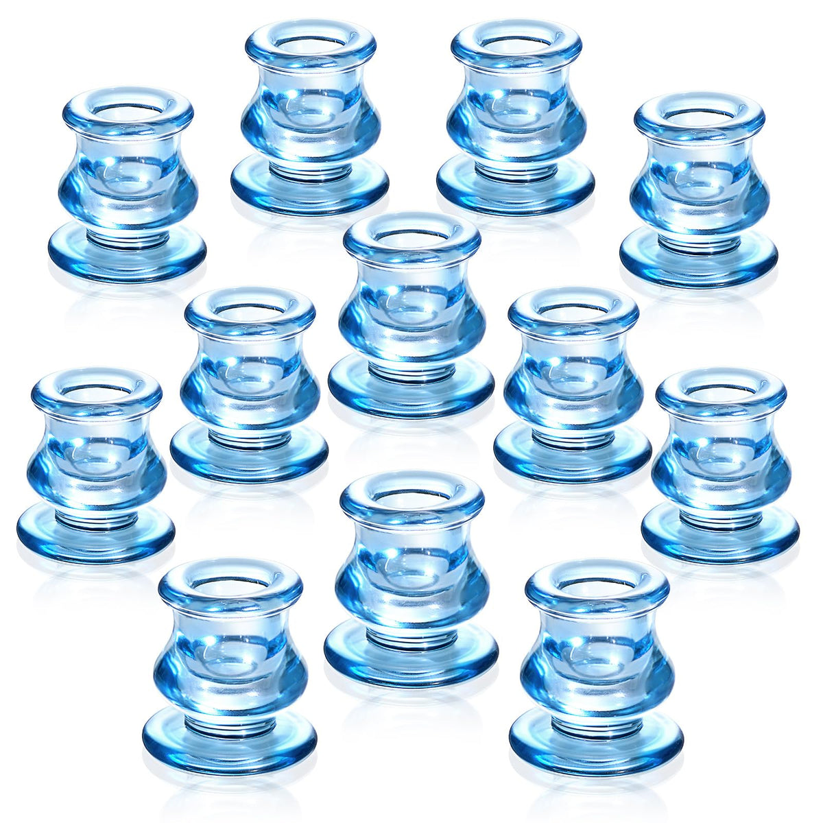 NITIME 12pcs Blue Candlestick Holders, Blue Glass Candle Holders for Pillar Candles, Taper Candle and Tealight Candles, Taper Candle Holders for Wedding, Table Centerpiece