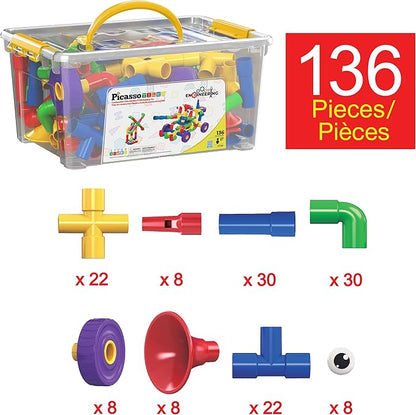 PicassoTiles PTT136 136pcs Tubular Pipes &amp Spout STEAM Interlocking Educational Building Block Set Tube Locks Pipeworks Construction Blocks w/Storage Container Box Idea Book Flute Musical Kit