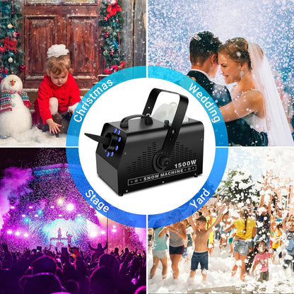 1500W Snow Machine Snowflake Maker: Wired & Wireless Remote Snow Volume - with 9LED RGB Lights - Artificial Fake Snow Machine for Outdoor Christmas Party Wedding Fiestas Holiday Stage Effects