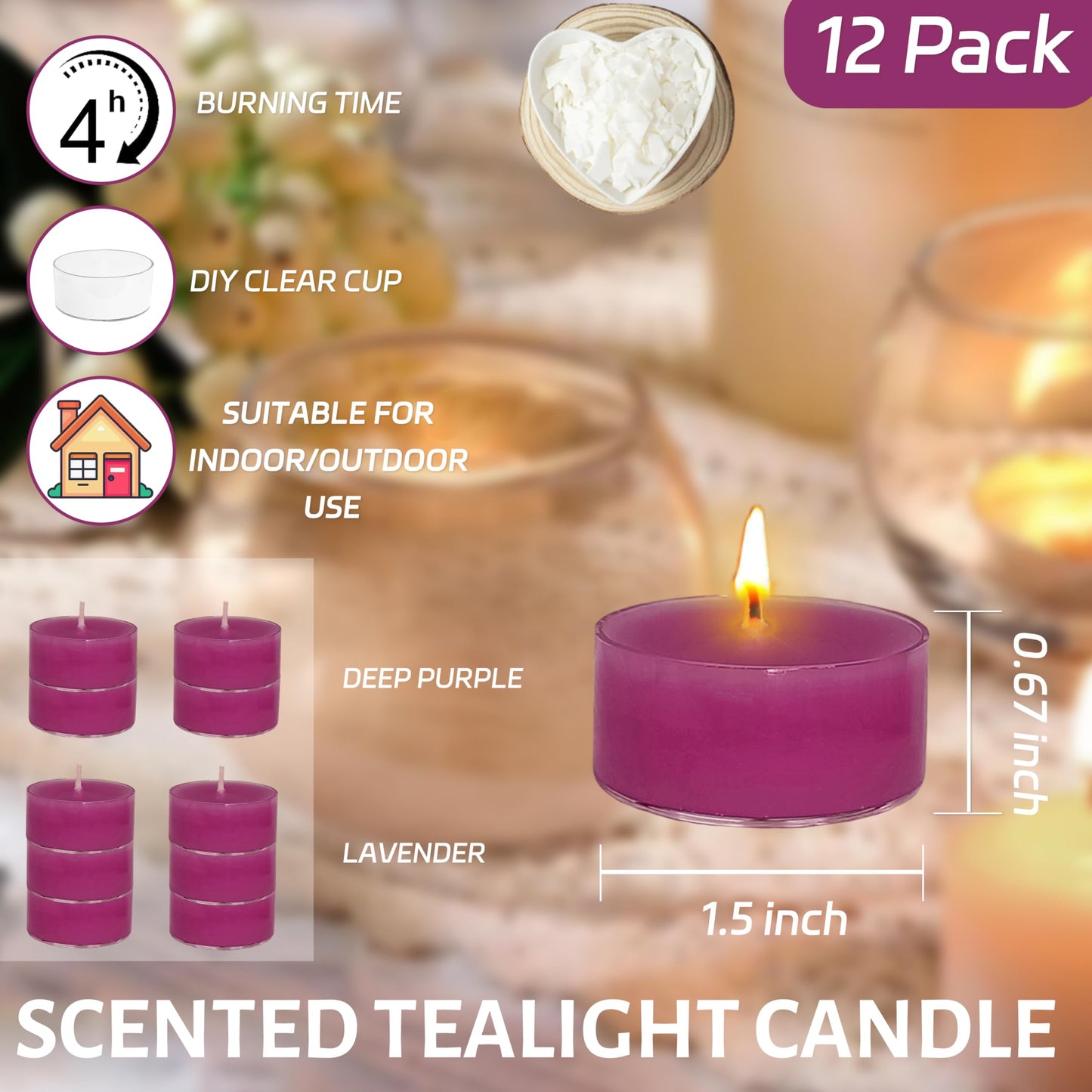 Lavender Scented Tealight Candles - Natural Soy Wax Candles with Essential Oils, Home Decor and Aromatherapy, Perfect for Home Use and Gifting