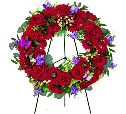 Naramiji Cemetery Wreath for Grave, Red Roses Memorial Wreath with 30 Inch Easeal Stand, Fade-Resistant