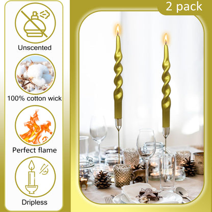 Metallic Twisted Taper Candles Set of 2 10 Inch Christmas Twisted Long Golden Candles for Halloween Christmas Home Dinner Party Wedding