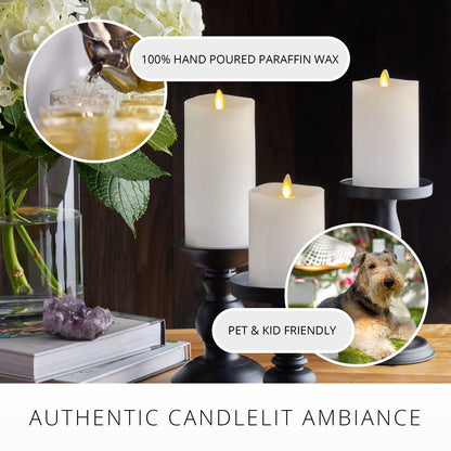 Luminara Realistic Flameless LED Candle White Set of 3, Battery Operated with Remote Control, Moving Flame Pillar Timer Funtion Melted Top Safe