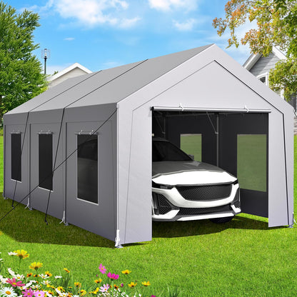 Carport 10x20 ft Heavy Duty, Car Port with Reinforced Steel Frame and 6 Roll-up Windows, Portable Garage with Sturdy Ground Nails, Waterproof All-Season Car Canopy for Boat, Truck, Grey