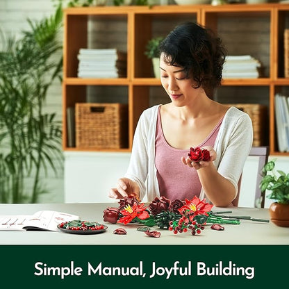 Rose Flower Bouquet Building Set for Adults Buildable Artificial Poinsettia Floral Botanical Decor for Table Centerpiece Birthday for Women Girlfriend Mom Wife(917 Pcs)