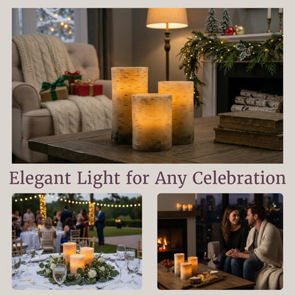 Flameless Candles - 3-Pack Faux Birch Bark Battery Operated LED Candles with Remote and Flickering Light for Home Décor by Lavish Home