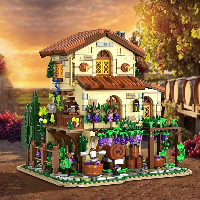 Winery Chateau House Building Set with Lights Vineyard Castle Construction Model Home Decor 1826 PCS Vine Estate Autumn Cabin Building Block Kit Birthday Gift for Adults Teens Boys Girls