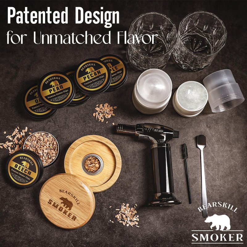 Whiskey Smoker Kit with Torch - 6 Natural Wood Chips Flavors, 2 Glasses, 2 Ice Molds - Cocktail Smoker Infuser Kit, Old Fashioned Smoker Kit, Birthday Bourbon Whiskey Gifts for Men, Dad(No Butane)