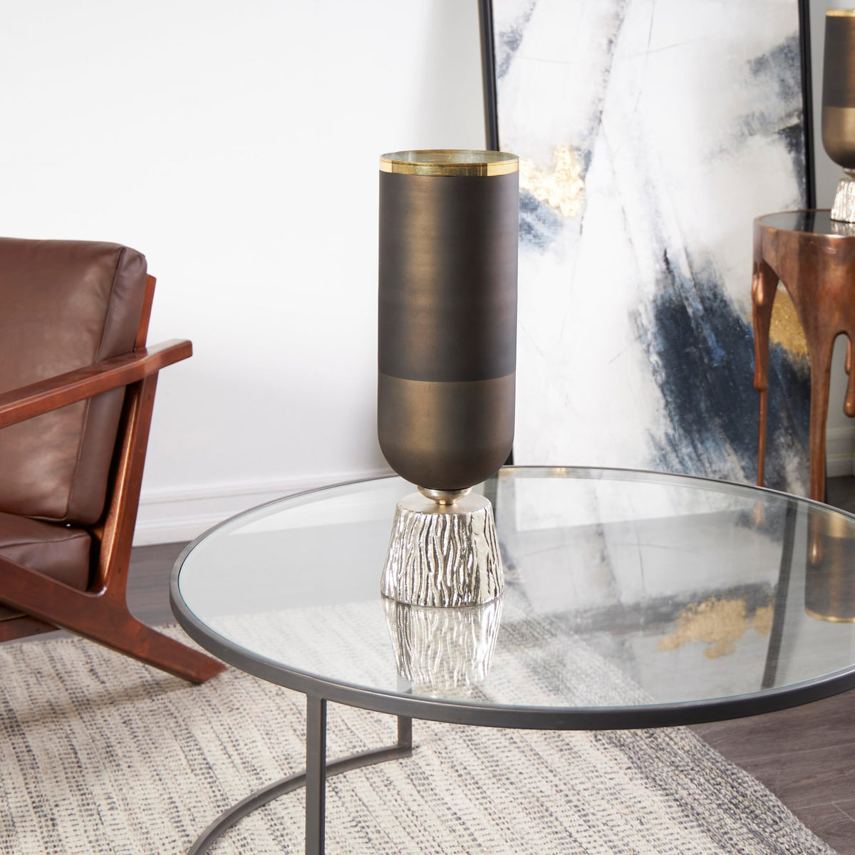 Deco 79 Glass Colorblock Candle Holder with Gold Accents and Textured Silver Base, 6" x 6" x 20", Bronze