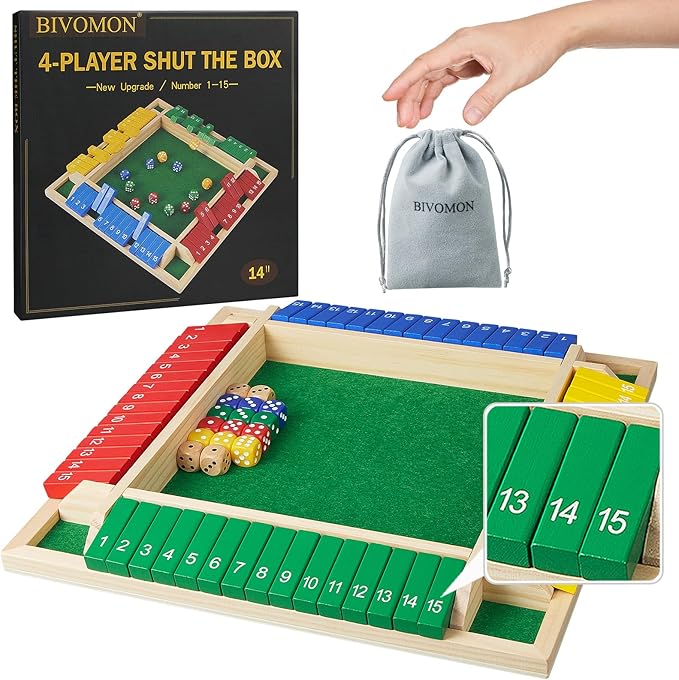 Upgrade Shut The Box Dice Game 1-4 Player Wooden Board Table Math Games with 16 Dices Classics Tabletop Version Games for Kids &amp Adults Home Classroom Party or Pub (14 Inches)