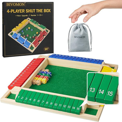 Upgrade Shut The Box Dice Game 1-4 Player Wooden Board Table Math Games with 16 Dices Classics Tabletop Version Games for Kids &amp Adults Home Classroom Party or Pub (14 Inches)