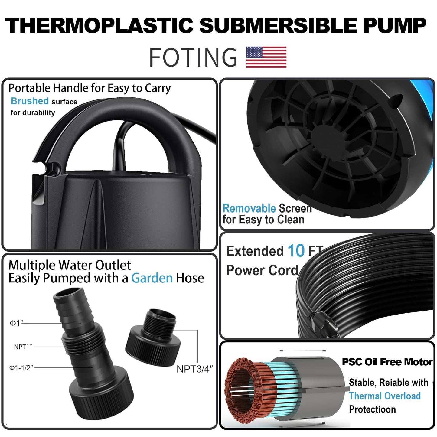 FOTING Sump Pump 1HP Clean/Dirty Submersible Water Pump, 4600GPH Utility Pump Thermoplastic Electric Portable Transfer Water Pump for Swimming Pool Garden Pond Basement with 10ft Long Power Cord