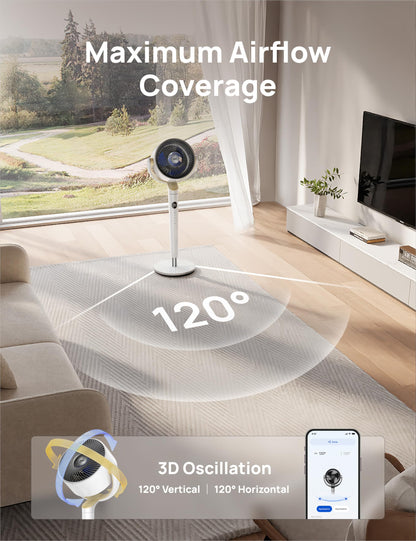 DREO Smart Fan for Bedroom, 120° +120° Omni-Directional Oscillating Fans, 100ft Quiet Pedestal Fan with RGB Light, 9 Speeds, 6 Modes, 20dB, 8H Timer, Wi-Fi/Voice/Alexa, 35-40" Floor Fans with Remote