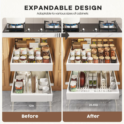 Seinloes 6 Pack Pull Out Cabinet Organizers 21" Deep With Raising Pad for Framed Cabinets, Expandable Slide Out Drawers with 4pcs Divider Racks, Roll Out Shelves, Adjustable Width 12"-20.45" White