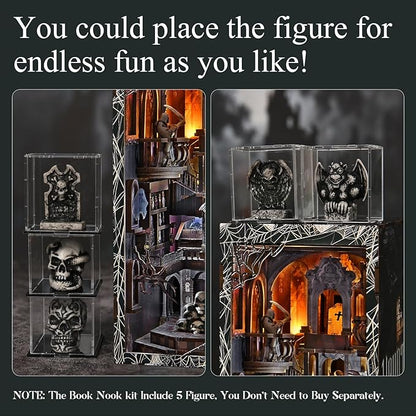 Book Nook Kit DIY Doll House Booknook Miniature Kit for Bookshelf Doll Houses for Adults Teen Halloween 3D Wooden Puzzle Bookends with Led Light and Dust Cover (Haunting Relics)